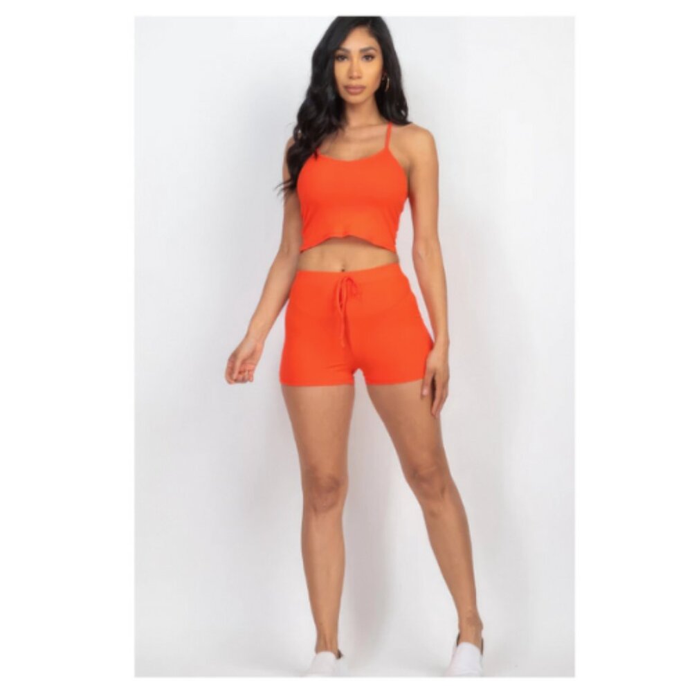 Women's Ribbed Crop Cami Top & Shorts Set, Stretchy Lounge Outfit